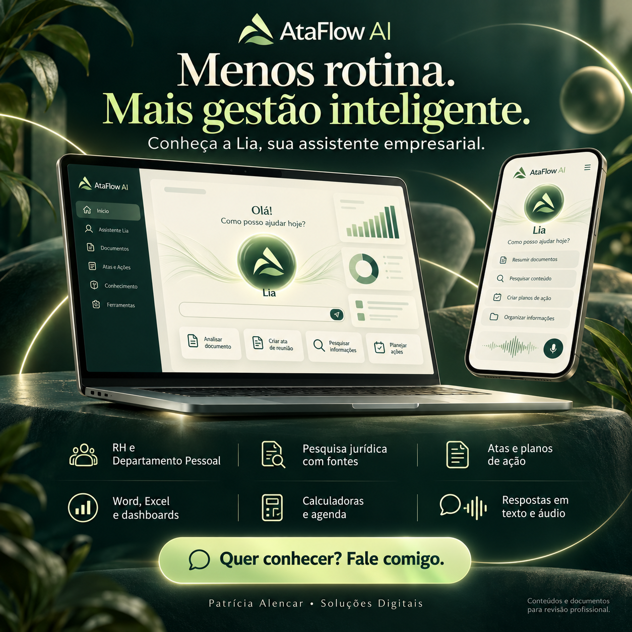 Conheça a Lia do AtaFlow AI: ferramentas para RH, DP, pesquisa jurídica, documentos e gestão.